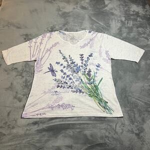 Blue 84 Split Neck Lavender Print Top Size 2XL Jersey Knit Burnout Lightweight